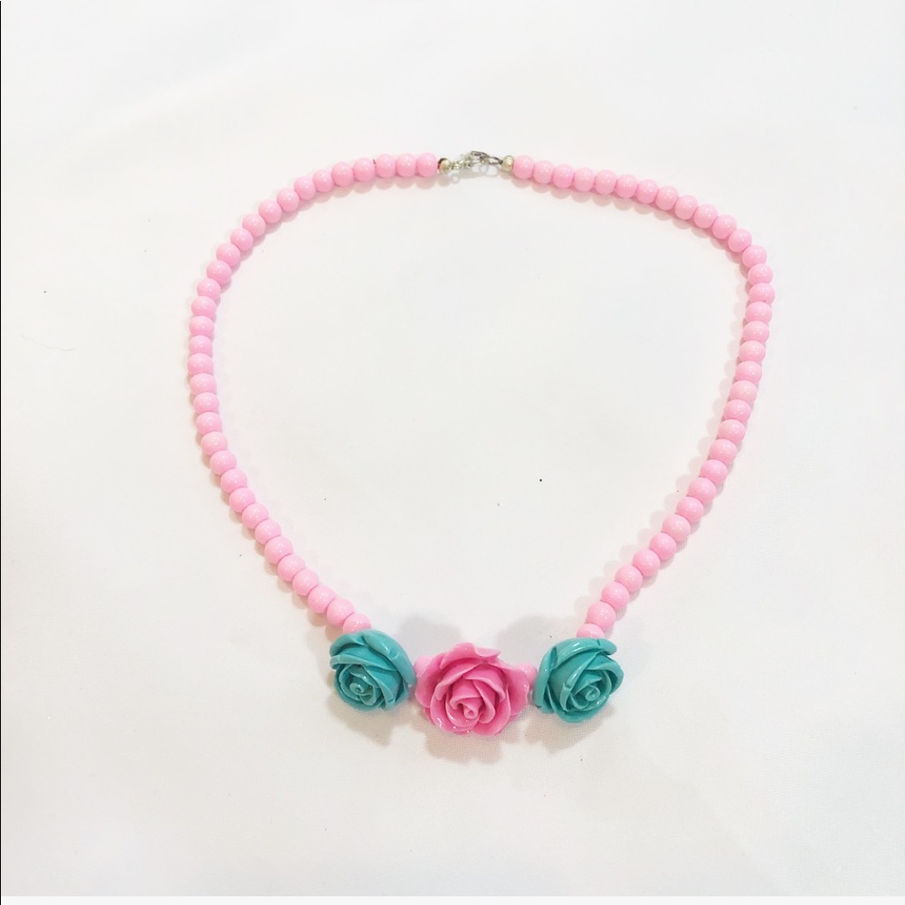 HANDMADE PINK & AQUA ROSE NECKLACE